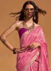 Crimson Pink Handloom Banarasi Silk Saree With Tassels