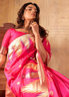 Crimson Pink Woven Banarasi Saree With Temple Border