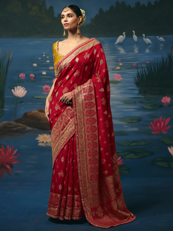 Crimson Red Banarasi Dola Silk Saree With Contrast Blouse