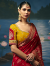 Crimson Red Banarasi Dola Silk Saree, contrast blouse close-up