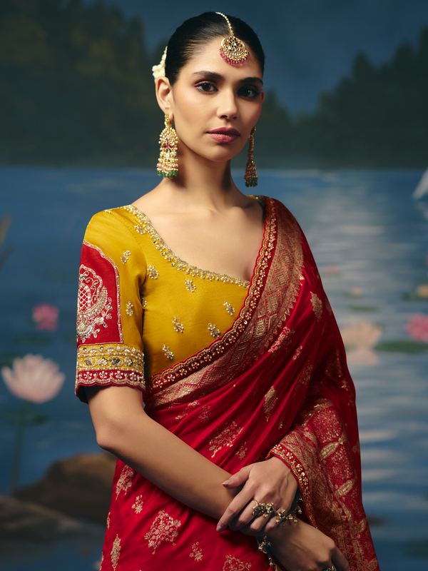 Crimson Red Banarasi Dola Silk Saree, contrast blouse close-up