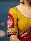 Crimson Red Banarasi Dola Silk Saree, contrast blouse close-up