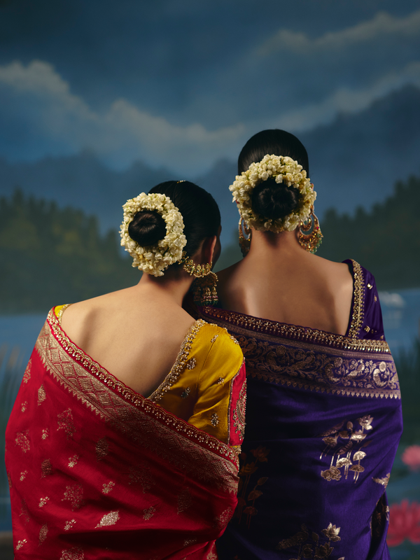 Crimson Red Banarasi Dola Silk Saree, shown with other colours