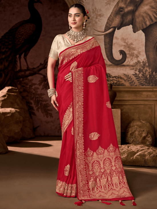 Crimson Red Banarasi Soft Silk Saree With Contrast Blouse