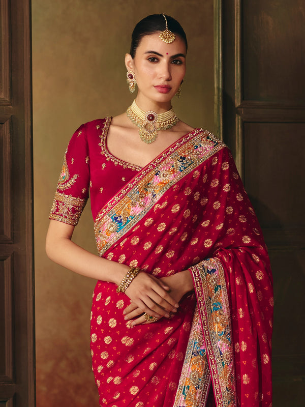 Crimson Red Bandhani Banarasi Georgette Saree, pallu and blouse