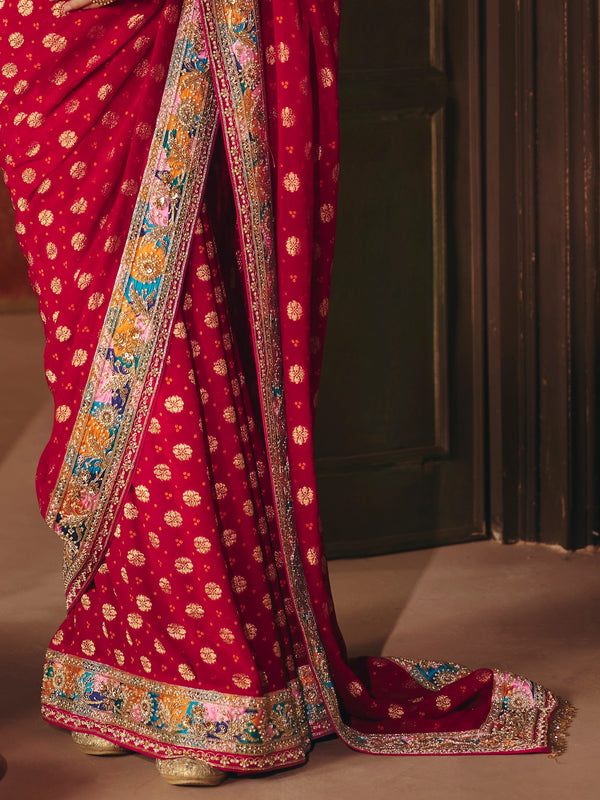 Crimson Red Bandhani Banarasi Georgette Saree, border and drape