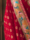 Crimson Red Bandhani Banarasi Georgette Saree, border and drape