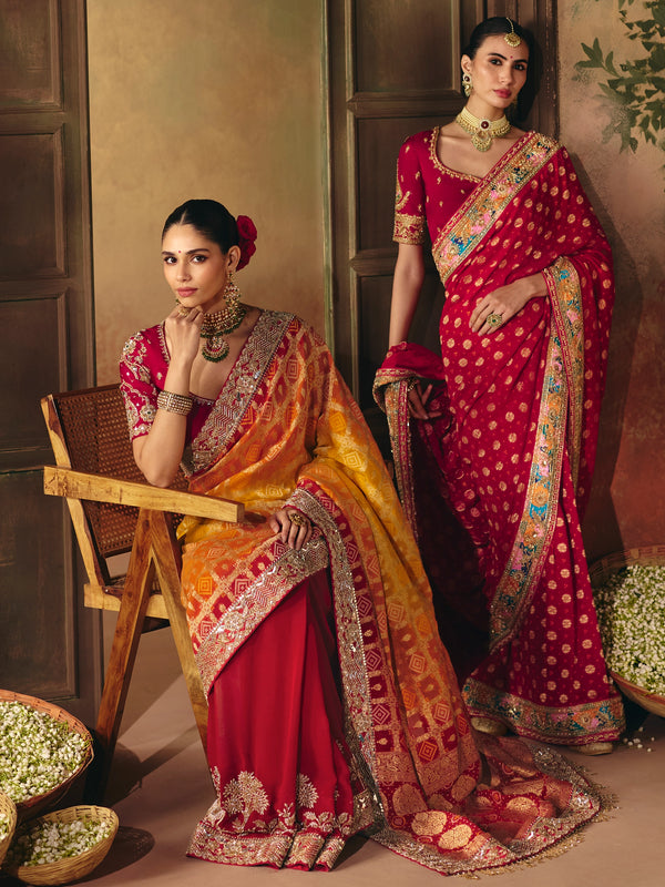 Crimson Red Bandhani Banarasi Georgette Saree, shown with other colours