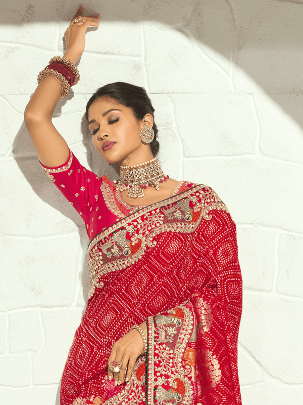 Crimson Red Bandhani Banarasi Georgette Saree With Contrast Blouse