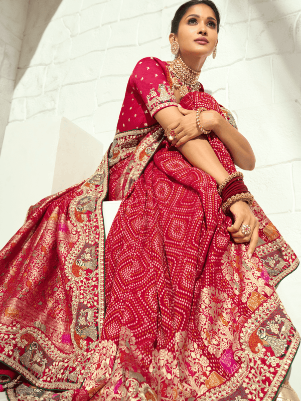 Crimson Red Bandhani Banarasi Georgette Saree With Contrast Blouse