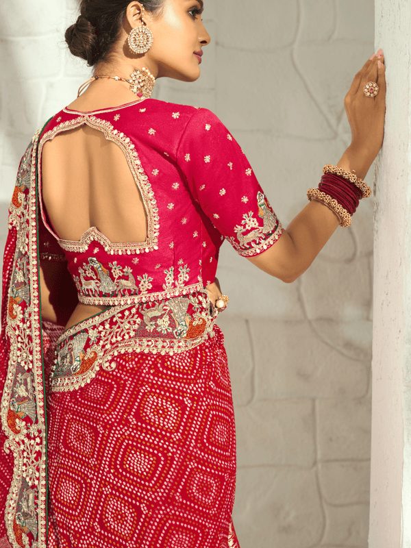 Crimson Red Bandhani Banarasi Georgette Saree With Contrast Blouse