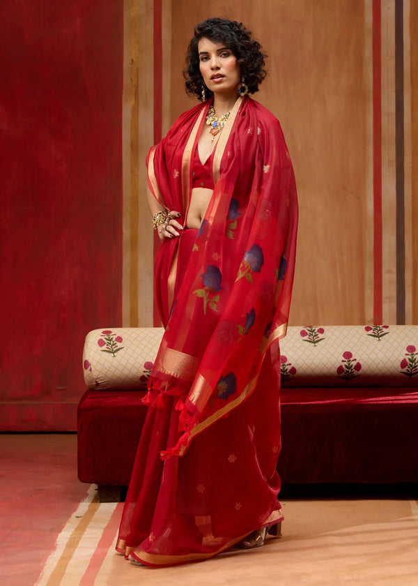 Crimson Red Cotton Silk Saree