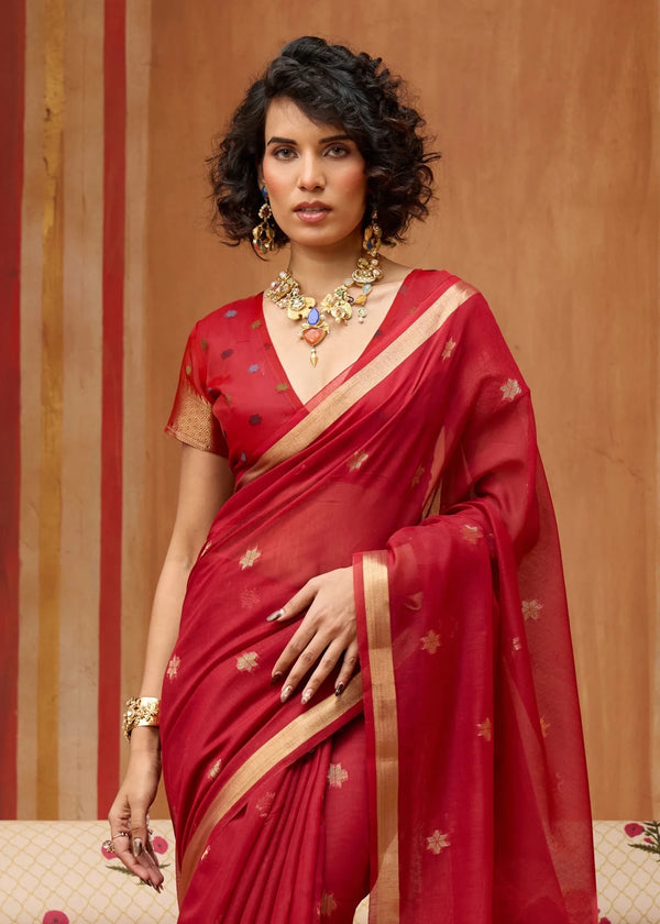 Crimson Red Cotton Silk Saree