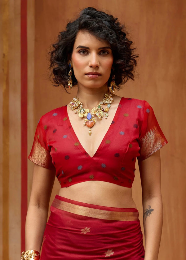 Crimson Red Cotton Silk Saree