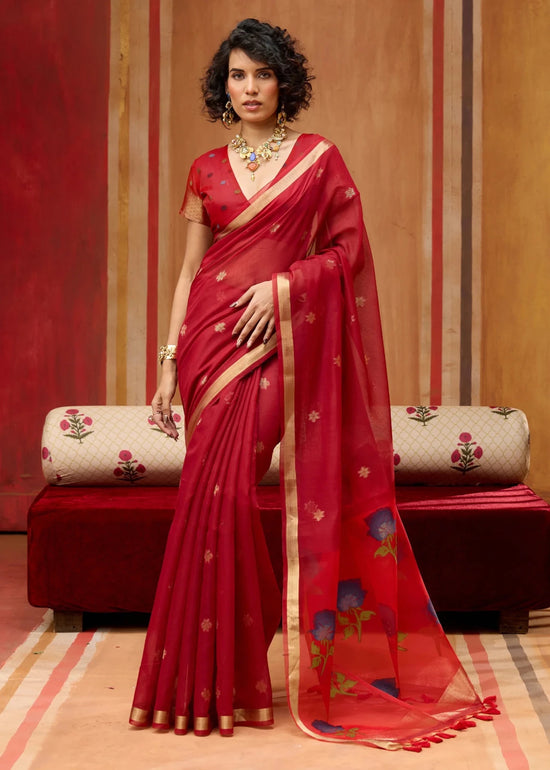 Crimson Red Cotton Silk Saree
