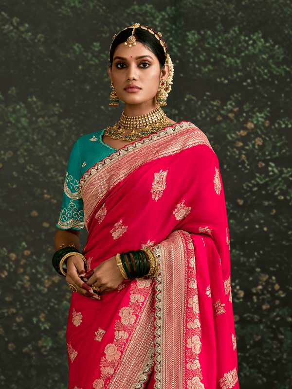 Crimson Red Designer Banarasi Dola Silk Saree With Golden Zari Work