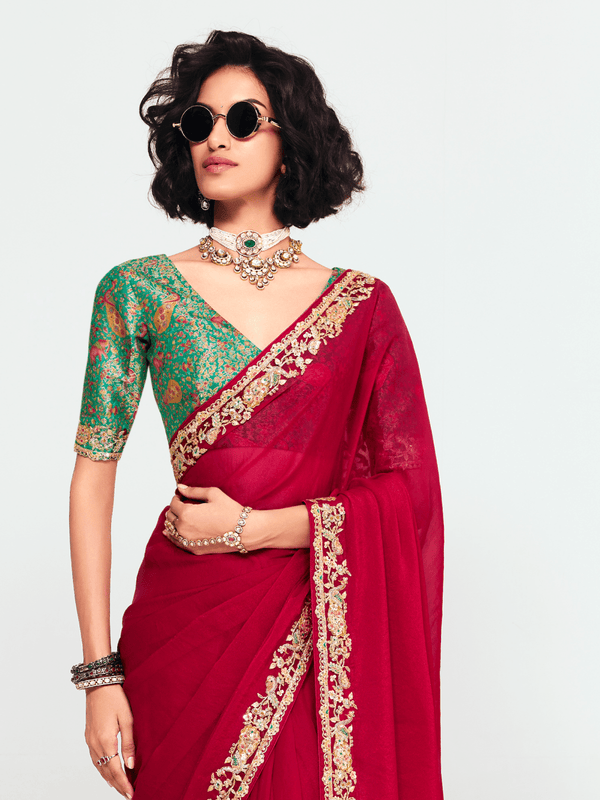 Crimson Red Designer Georgette Silk Saree With Contrast Blouse