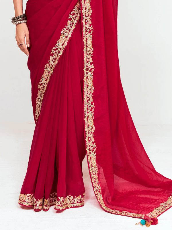 Crimson Red Designer Georgette Silk Saree With Contrast Blouse