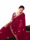 Crimson Red Embroidered Designer Satin Silk Saree