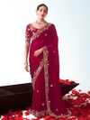 Crimson Red Embroidered Designer Satin Silk Saree