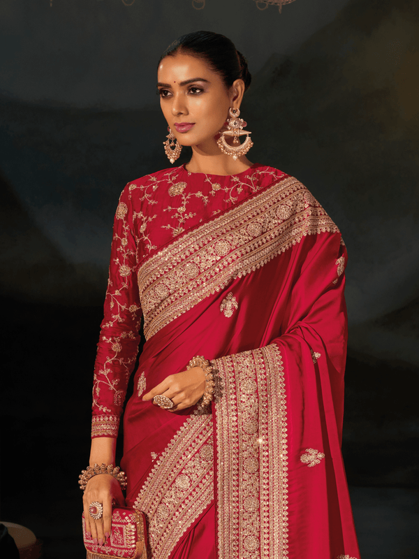 Crimson Red Embroidered Designer Satin Silk Saree