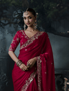 Crimson Red Embroidered Designer Satin Silk Saree