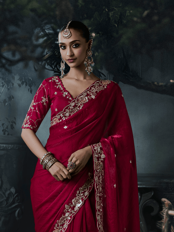 Crimson Red Embroidered Designer Satin Silk Saree