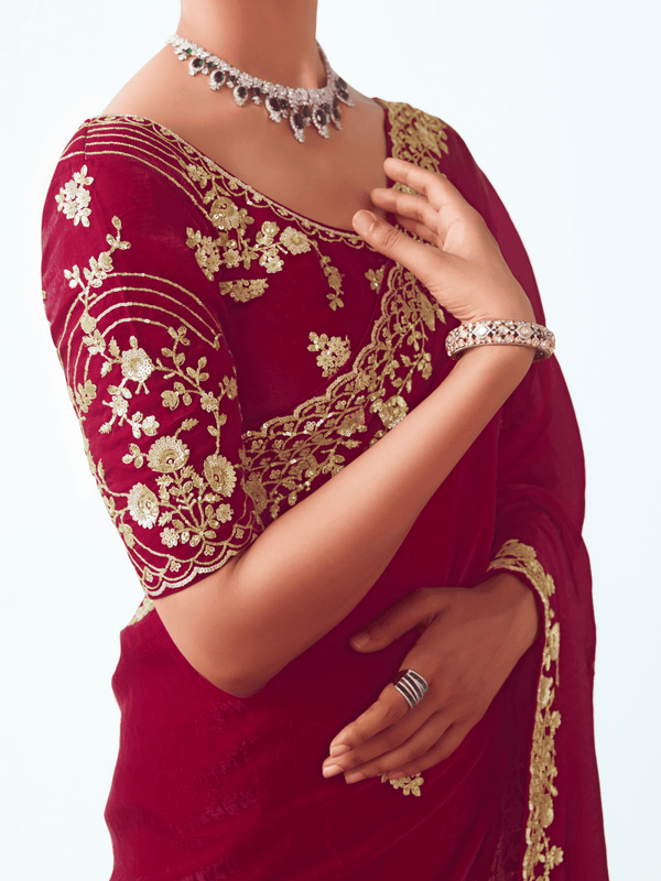 Crimson Red Embroidered Designer Satin Silk Saree