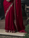 Crimson Red Embroidered Designer Satin Silk Saree