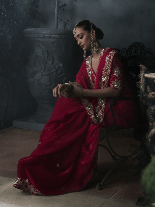 Crimson Red Embroidered Designer Satin Silk Saree