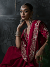 Crimson Red Embroidered Designer Satin Silk Saree