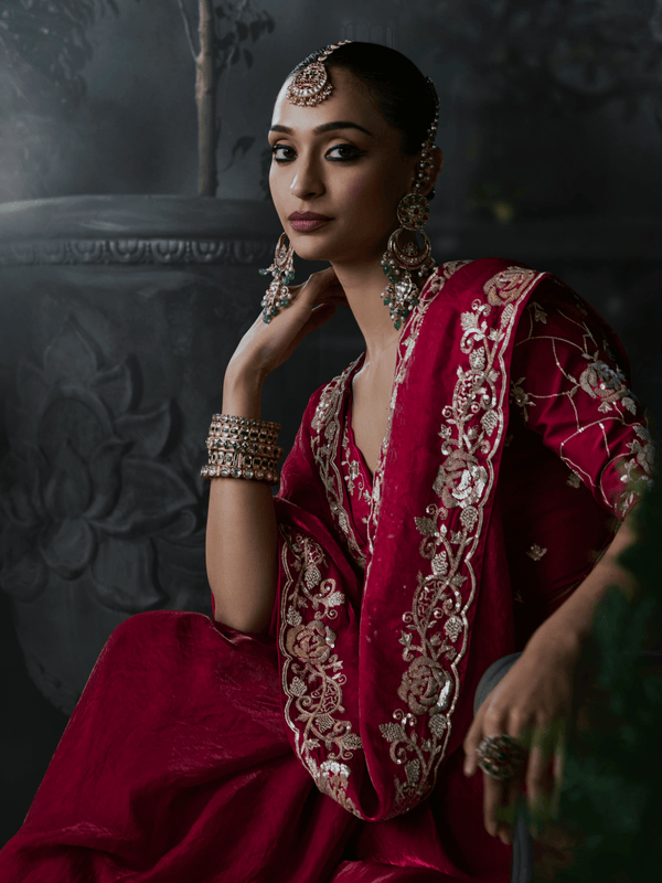 Crimson Red Embroidered Designer Satin Silk Saree