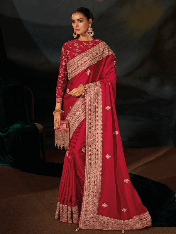 Crimson Red Embroidered Designer Satin Silk Saree