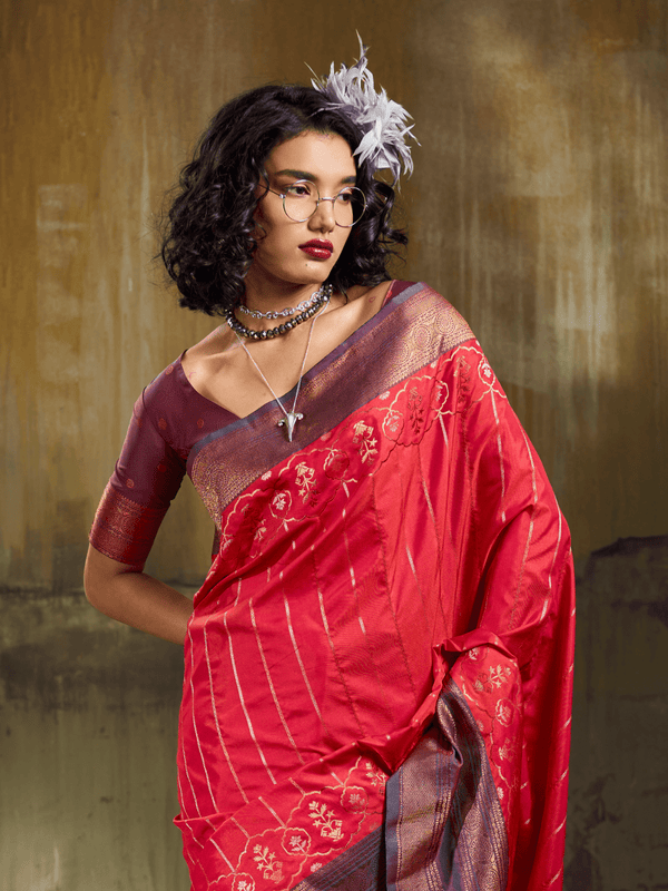 Crimson Red Kanjivaram Silk Saree With Contrast Blouse