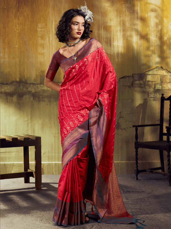 Crimson Red Kanjivaram Silk Saree With Contrast Blouse
