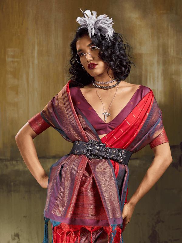Crimson Red Kanjivaram Silk Saree With Contrast Blouse