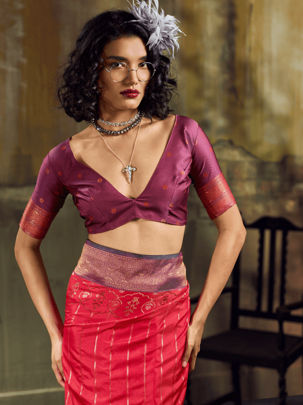 Crimson Red Kanjivaram Silk Saree With Contrast Blouse