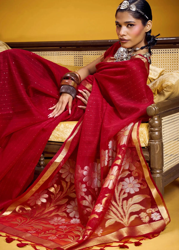 Crimson Red Linen Silk Saree