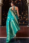 Cyan Blue Handloom Satin Silk Saree