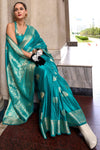 Cyan Blue Handloom Satin Silk Saree