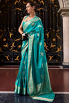 Cyan Blue Handloom Satin Silk Saree