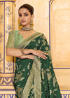 Dark Emerald Green Banarasi Crepe Silk Saree with Pista Contrast Blouse