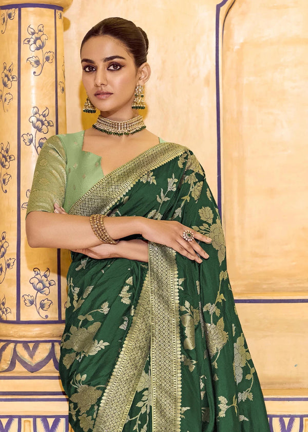 Dark Emerald Green Banarasi Crepe Silk Saree with Pista Contrast Blouse