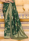 Dark Emerald Green Banarasi Crepe Silk Saree with Pista Contrast Blouse