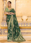 Dark Emerald Green Banarasi Crepe Silk Saree with Pista Contrast Blouse