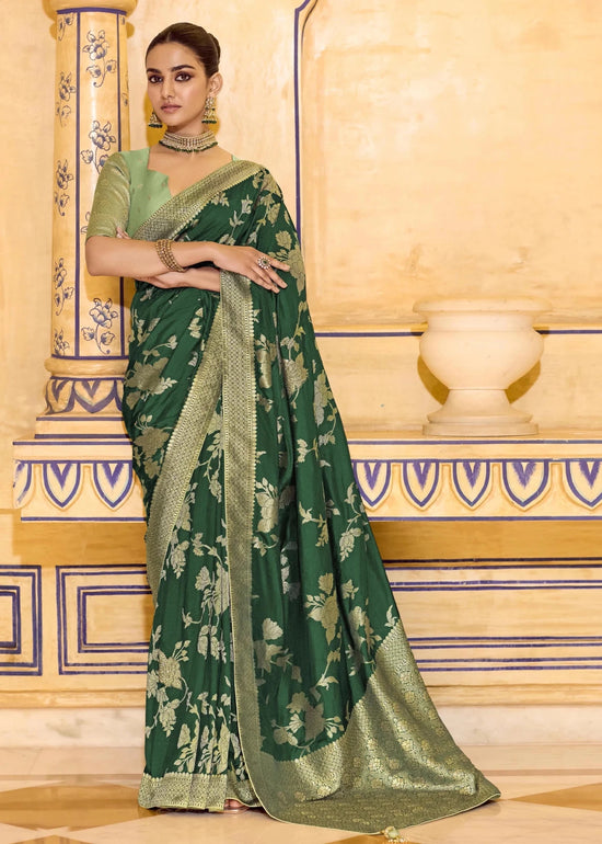 Dark Emerald Green Banarasi Crepe Silk Saree with Pista Contrast Blouse