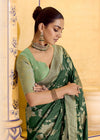 Dark Emerald Green Banarasi Crepe Silk Saree with Pista Contrast Blouse