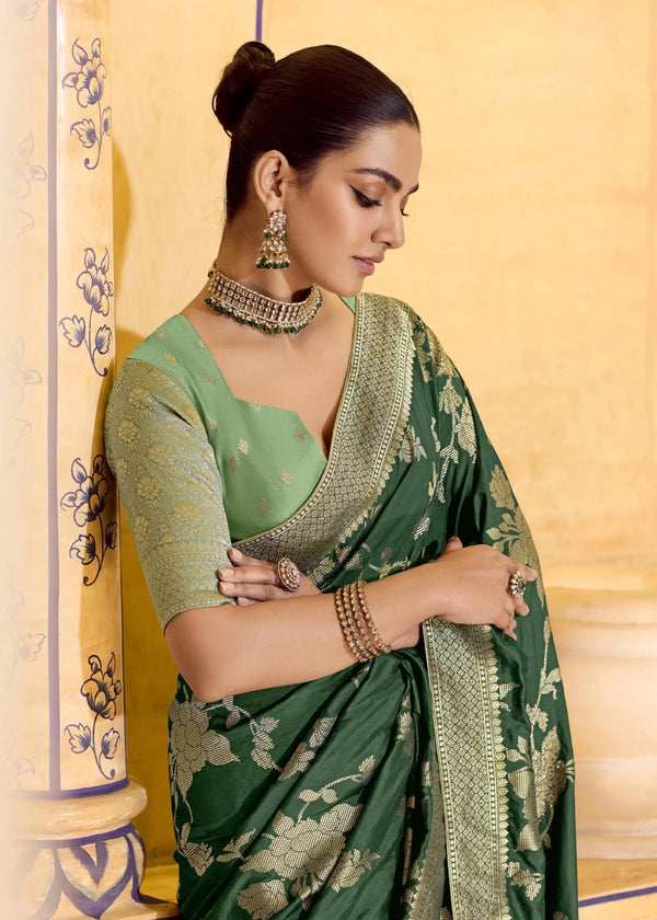 Dark Emerald Green Banarasi Crepe Silk Saree with Pista Contrast Blouse