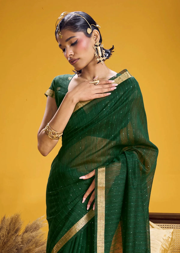 Dark Green Linen Silk Saree