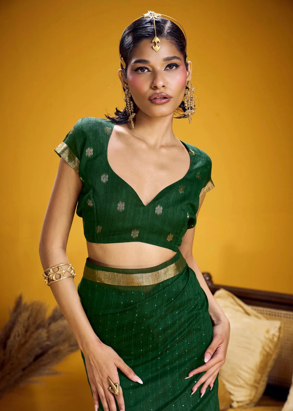Dark Green Linen Silk Saree